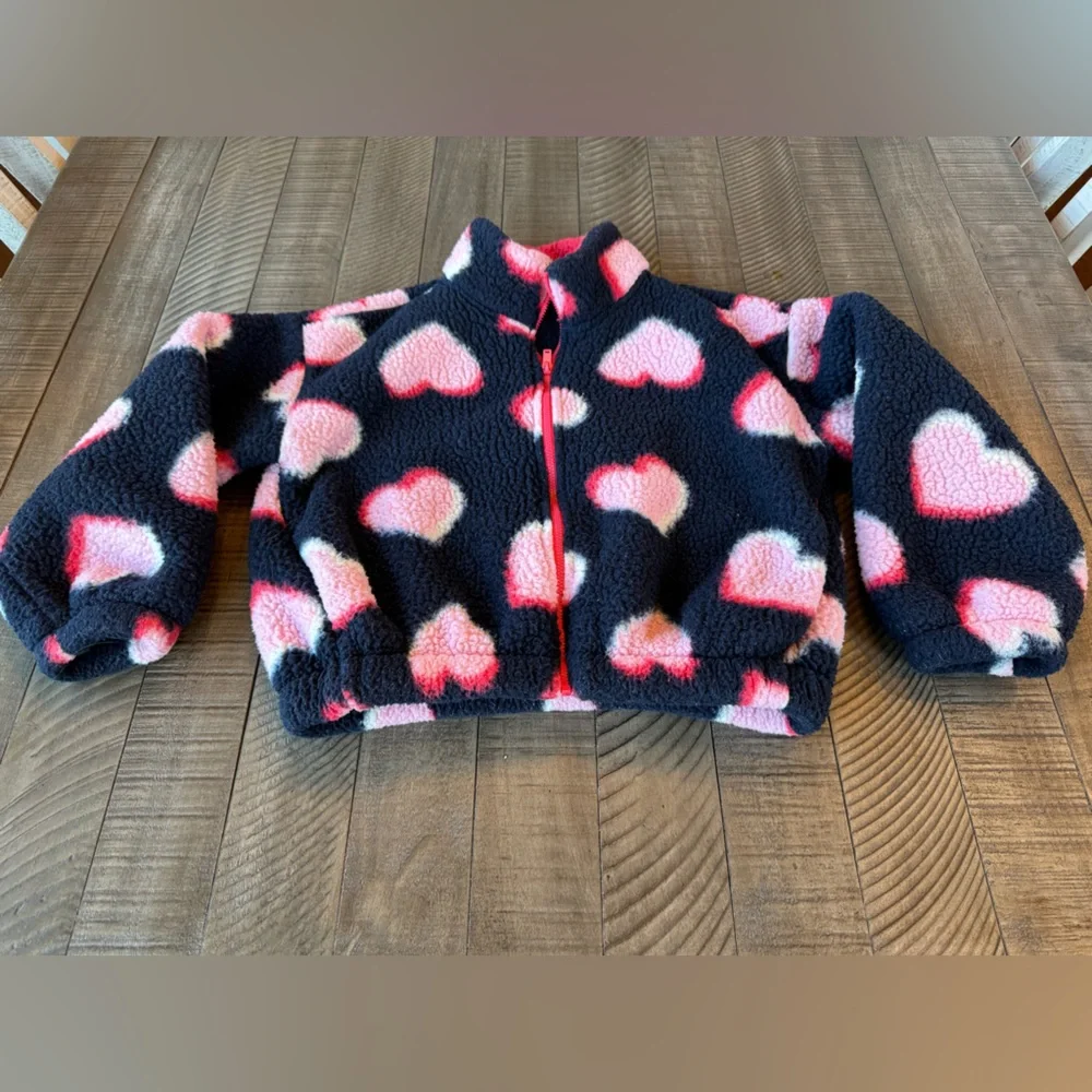 Old Navy Heart Printed Mock-Neck Sherpa Full-Zip Jacket Youth Size Medium (8)
